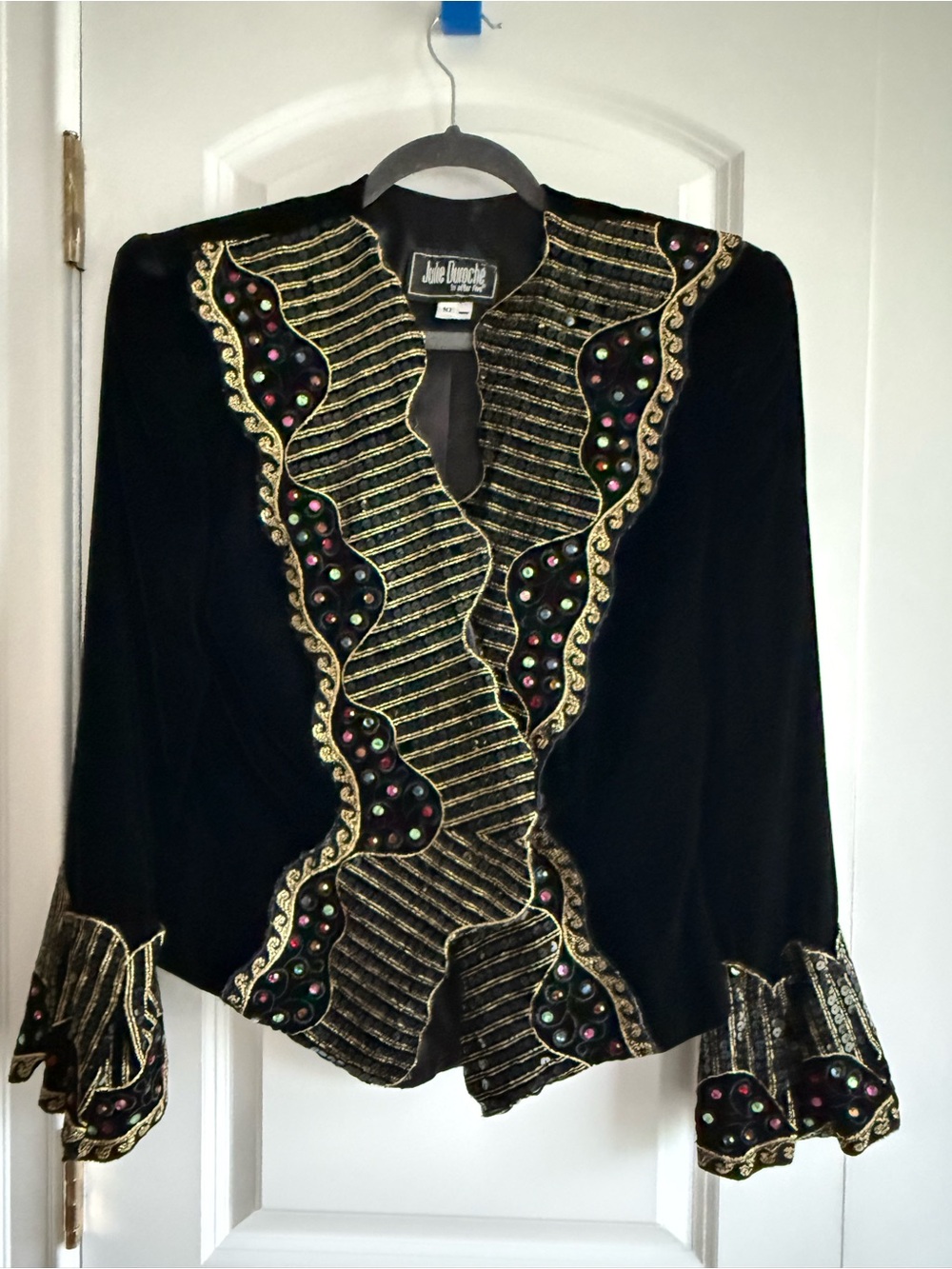VTG Julie Duroche “After 5” Black Velvet Embellished Jacket w. Gold Trim, EUC